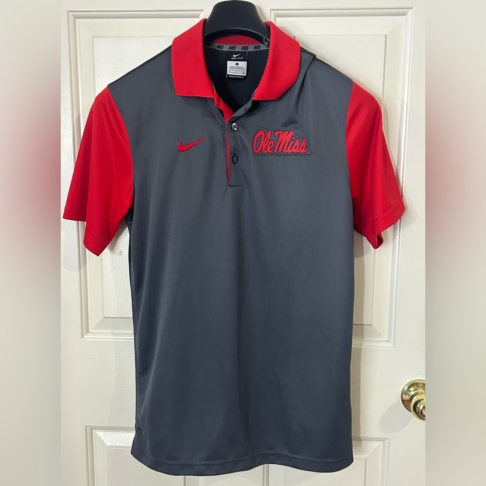 VTG Nike NCAA Ole Miss Rebels Polo Shirt Mens Size Small Dri Fit Red Grey